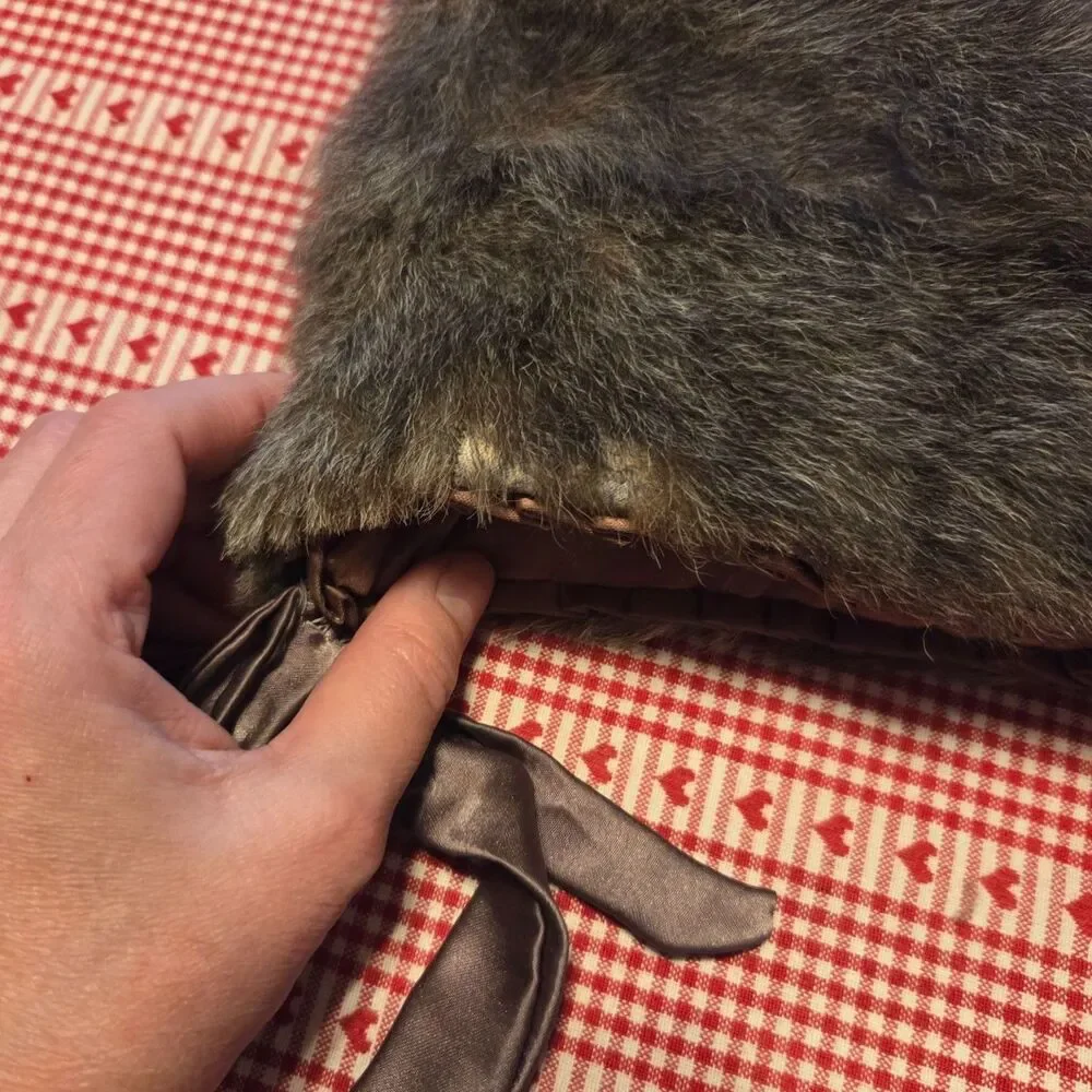 Vintage 1950s Fur Muff Handwarmer Satin Interior Tie Strap Gray Fur